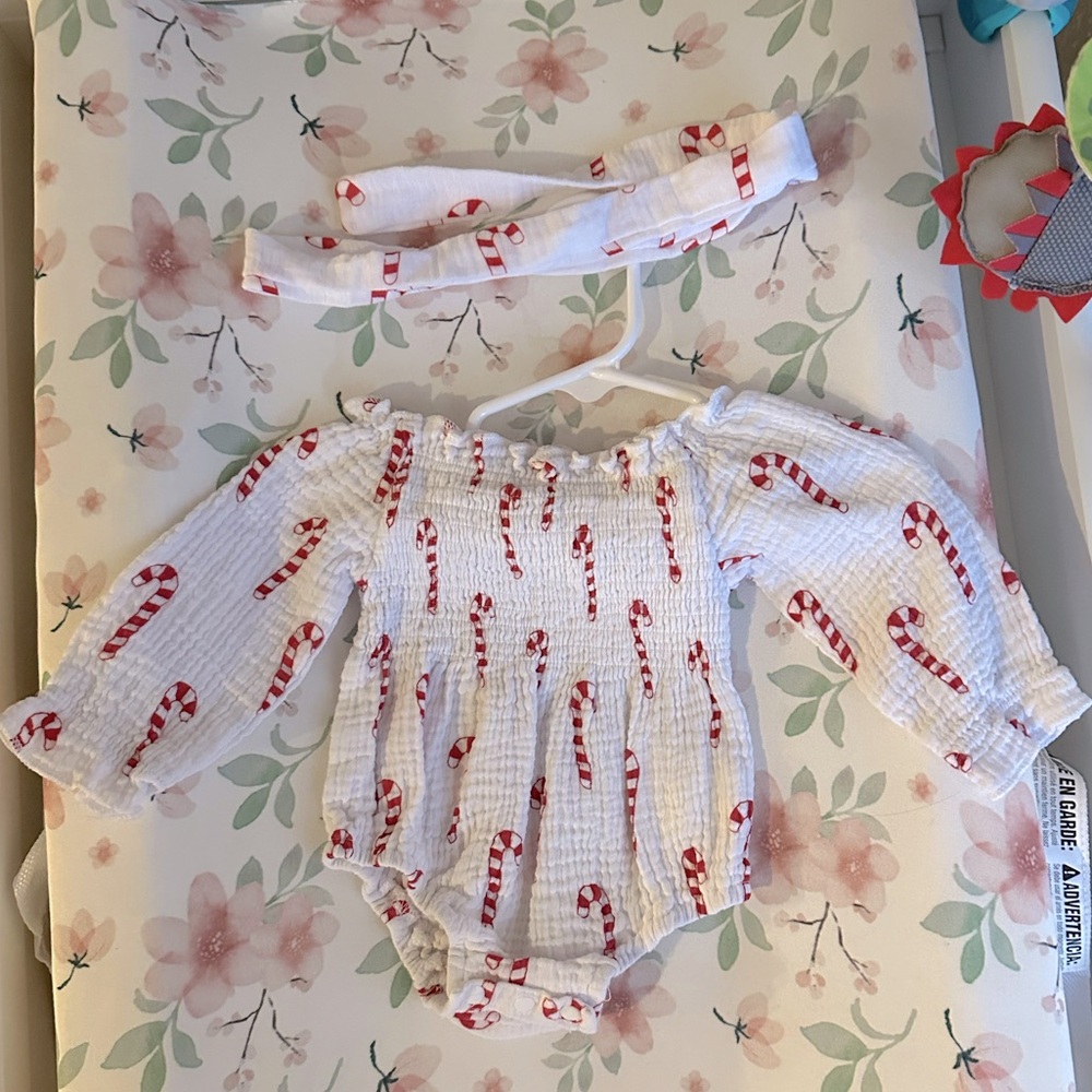Baby Girl Festive Candy Cane Ruffled Christmas Onesie with Matching Headband